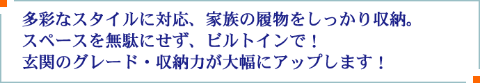 多彩なスタイルに対応、家族の履物をしっかり収納。スペースを無駄にせず、ビルトインで！玄関のグレード・収納力が大幅にアップします！